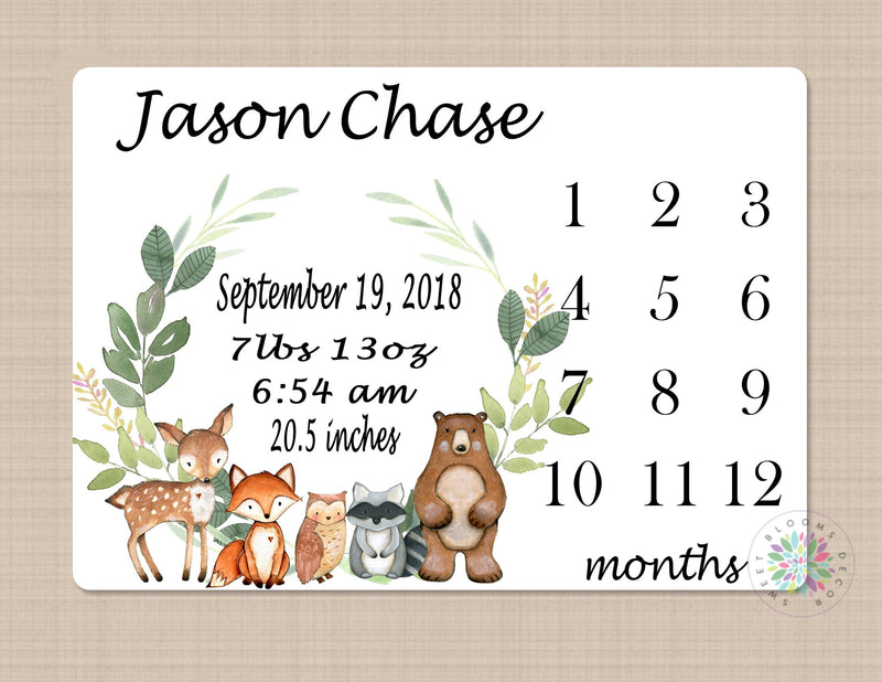 Woodland Milestone Blanket Baby Boy Girl Monthly Photo Blanket Birth Annoucement Stats Woodland Animals Newborn Photo Prop Baby Shower Gift