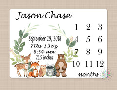 Woodland Milestone Blanket Baby Boy Girl Monthly Photo Blanket Birth Annoucement Stats Woodland Animals Newborn Photo Prop Baby Shower Gift