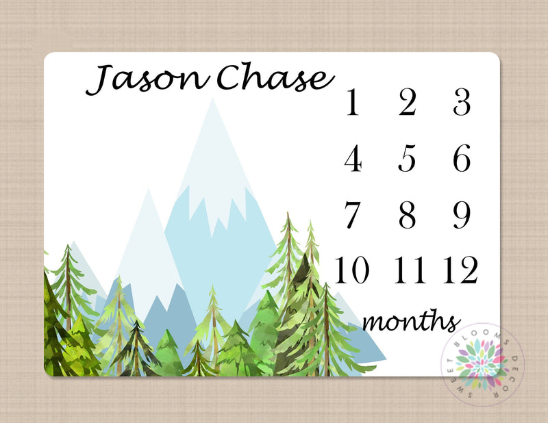 Mountains Milestone Blanket Forest Pine Trees Monthly Growth Tracker Baby Forest Trees Woodland Blanket Baby Shower Gift Monogram B524