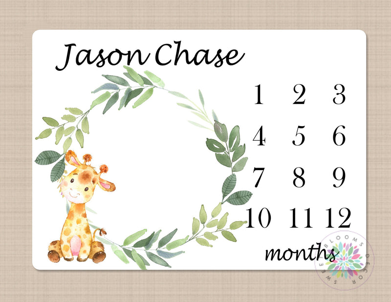 Giraffe Milestone Blanket Baby Boy Girl Personalized Blanket Monthly Growth Tracker Safari Animals Newborn Photo Prop Baby Shower Gift 595