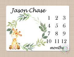 Giraffe Milestone Blanket Baby Boy Girl Personalized Blanket Monthly Growth Tracker Safari Animals Newborn Photo Prop Baby Shower Gift 595