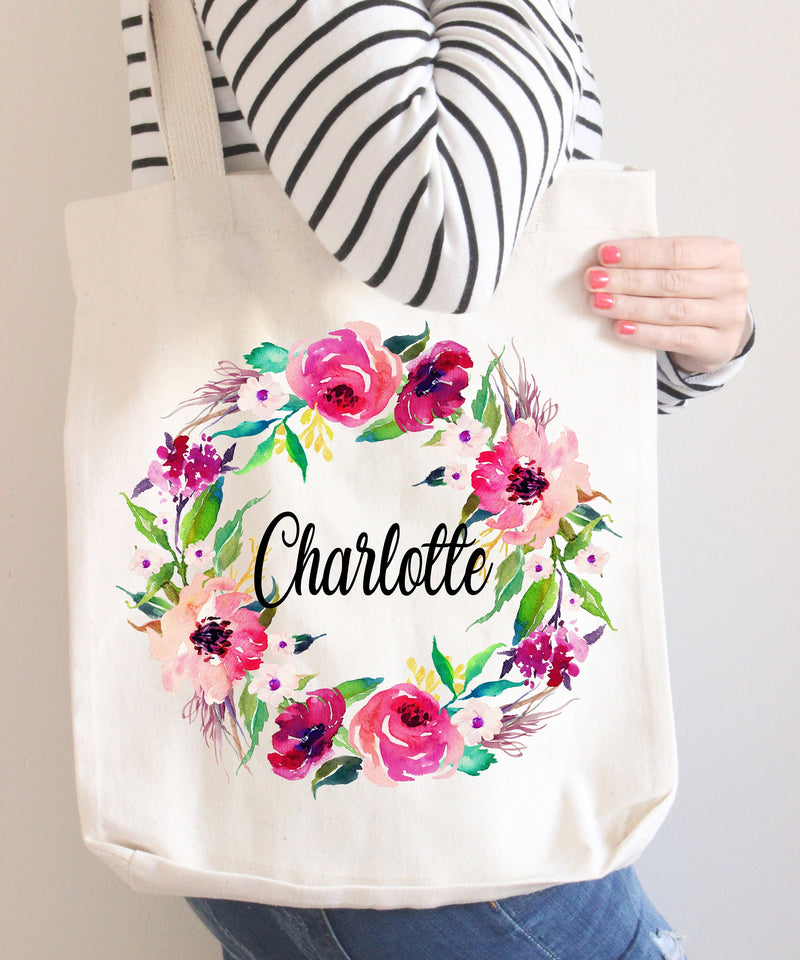 Floral Tote Bag Personalized Name Pink Purple Flowers Canvas Wedding Bride Bridesmaid Mother of the Bride Girl Gift Watercolor Wreath 108