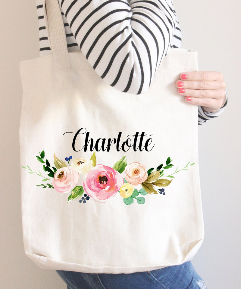 Floral Tote Bag Personalized Name Pink  Flowers Canvas Wedding Bride Bridesmaid Mother of the Bride Girl Gift Watercolor Wreath 108