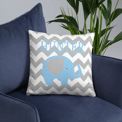 Elephant Nursery Throw Pillow Light Baby Blue Gray Chevron Elephants Baby Room Decor Elephant Baby Shower Gift Decorative Name Pillow 157