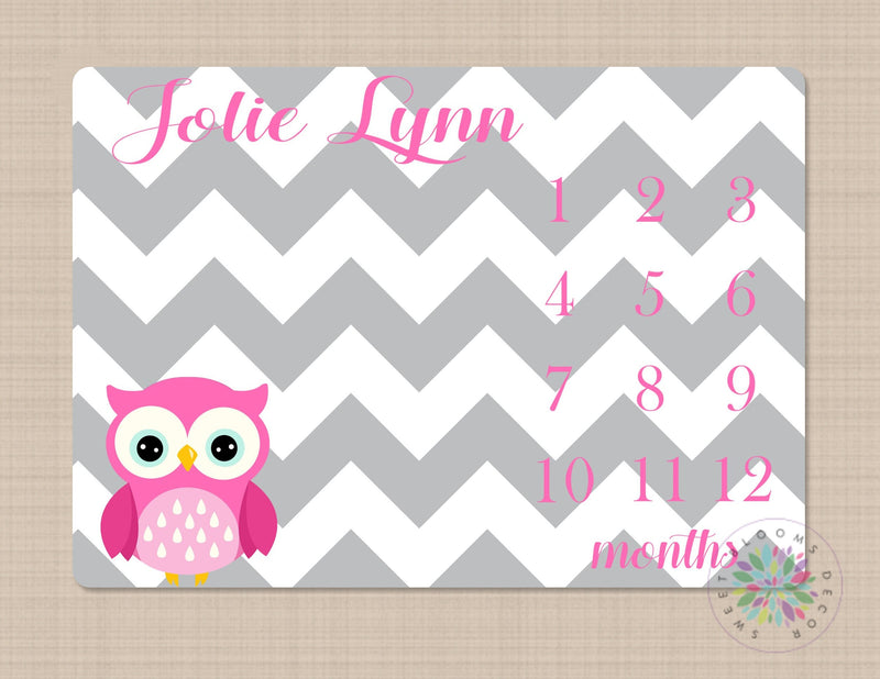 Owls Milestone Blanket Baby Girl Pink Gray Chevron Personalized Name Blanket Monthly Growth Tracker Newborn Blanket Baby Shower Gift 610