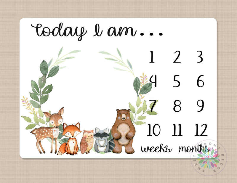 Woodland Milestone Blanket Baby Boy Girl Milestone Blanket Monthly Growth Tracker Woodland Animals Newborn Photo Prop Baby Shower Gift Leaf