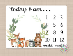 Woodland Milestone Blanket Baby Boy Girl Milestone Blanket Monthly Growth Tracker Woodland Animals Newborn Photo Prop Baby Shower Gift Leaf