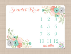 Milestone Blanket Floral Personalized Coral Teal Watercolor Flowers Wreath Monthly Growth Photo Newborn Baby Girl Name Shower Gift B624