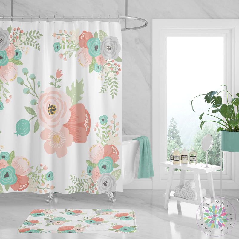 Floral Shower Curtain Coral Teal Mint Gray Flowers Bathroom Curtain Decor Floral Girl Bathroom Guest Bathroom Decor Bath Mat Towel S124