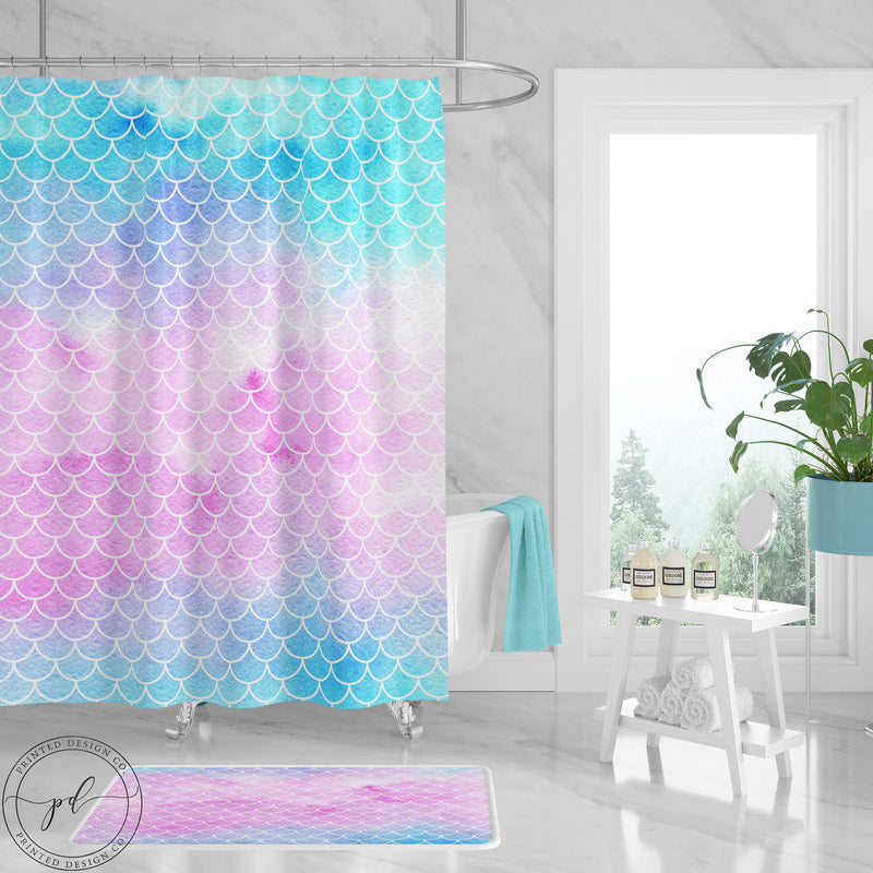 Mermaid Shower Curtain Watercolor Mermaid Scales Pink Teal Blue Purple Pastel Colors Girl Bathroom Curtain Bath Mat Modern S125