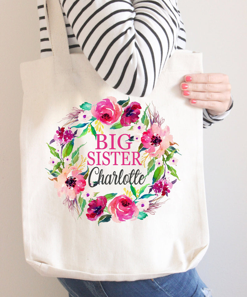 Big Sister Floral Tote Bag Personalized Name Pink Purple Flowers Canvas Wedding Bride Bridesmaid Mother of the Bride Girl Gift Wreath 135