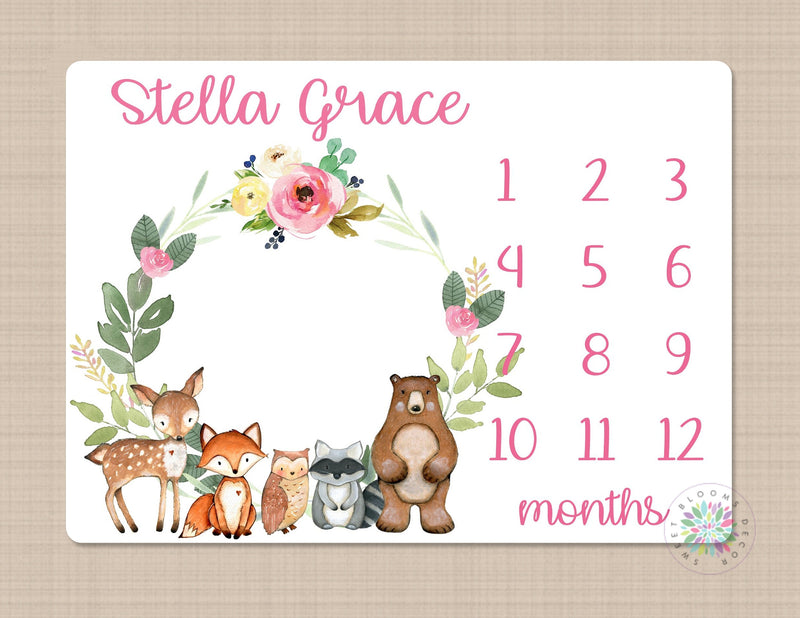 Woodland Milestone Blanket Baby Boy Girl Milestone Blanket Monthly Growth Tracker Floral Woodland Animals Newborn Photo Baby Shower Gift