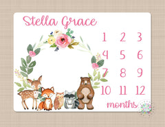 Woodland Milestone Blanket Baby Boy Girl Milestone Blanket Monthly Growth Tracker Floral Woodland Animals Newborn Photo Baby Shower Gift