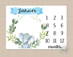 Elephant Milestone Blanket Monthly Growth Tracker Elephant Monthly Baby Blanket Watercolor Wreath Name Boy Elephants Nursery Decor Gift B639