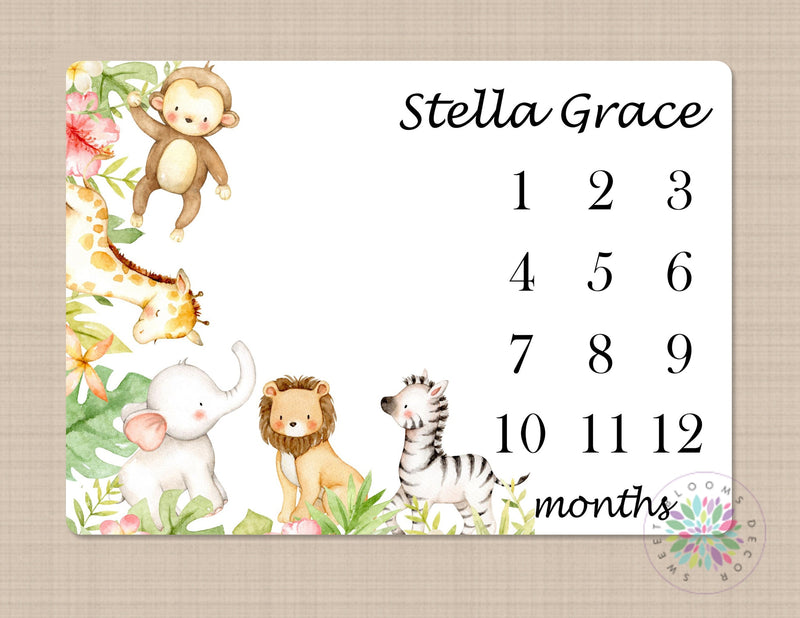 Safari Animals Milestone Blanket Monthly Growth Tracker Personalized Monogram Blanket Jungle Boy Girl Animals Newborn Baby Shower Gift B563