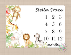 Safari Animals Milestone Blanket Monthly Growth Tracker Personalized Monogram Blanket Jungle Boy Girl Animals Newborn Baby Shower Gift B563