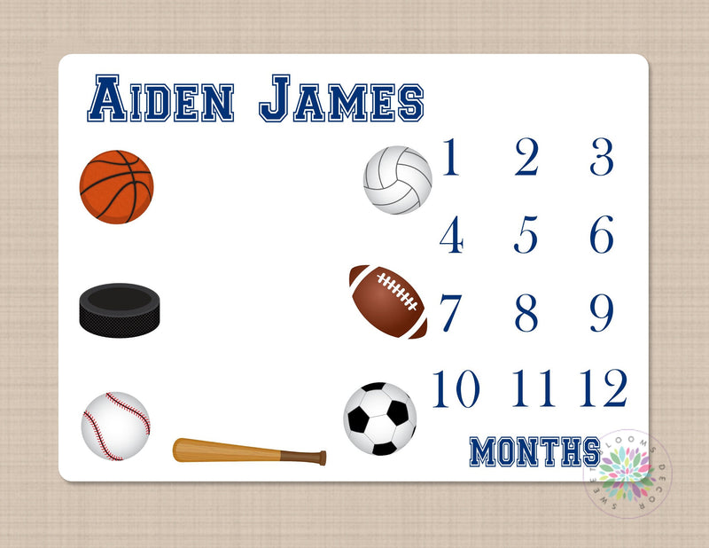 Sports Milestone Blanket Sports Balls Monthly Growth Tracker Monogram Blanket  Newborn Baby Blanket Baby Shower Gift Navy Blue B586