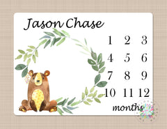 Bear Milestone Blanket Baby Boy Girl Personalized Blanket Monthly Growth Tracker Woodland Animals Newborn Photo Prop Baby Shower Gift 597