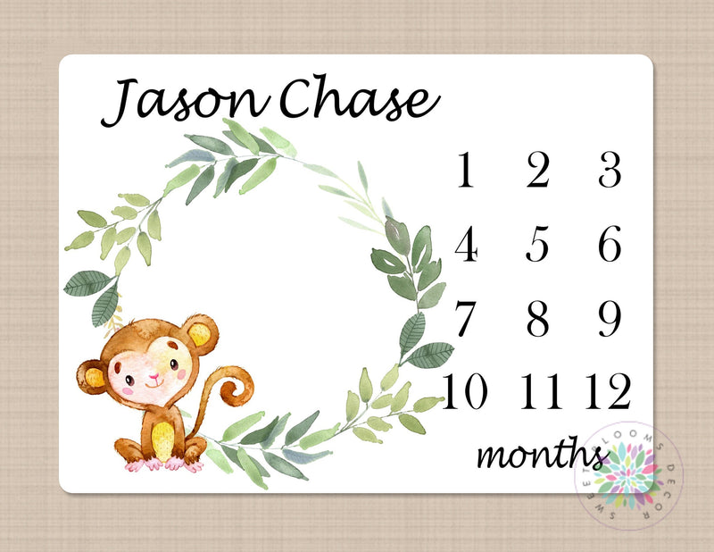 Milestone Blanket Baby Boy Girl Personalized Blanket Monthly Growth Tracker Monkey Safari Animals Newborn Photo Prop Baby Shower Gift 599