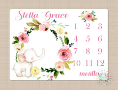 Elephant Milestone Blanket Baby Floral Boy Girl Personalized Blanket Monthly Growth Tracker Animals Newborn Photo Prop Baby Shower Gift 602