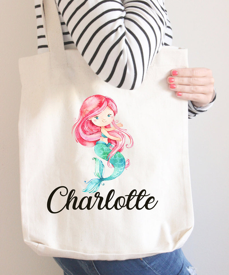 Mermaid Tote Bag Personalized Kids Canvas School Bag Custom Preschool Daycare Toddler Beach Tote Bag Birthday Gift Library