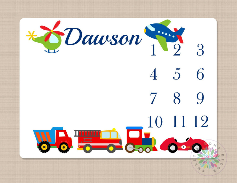 Transportation Milestone Blanket Monthly Growth Tracker Fire Truck Plane Dump Truck Train Baby Shower Gift Name Nursery Bedding B418