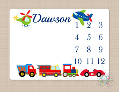 Transportation Milestone Blanket Monthly Growth Tracker Fire Truck Plane Dump Truck Train Baby Shower Gift Name Nursery Bedding B418