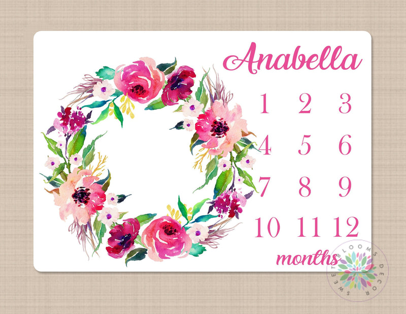 Floral Milestone Blanket Personalized Pink Purple Watercolor Flowers Wreath Monthly Growth Photo Newborn Baby Girl Name Shower Gift B618