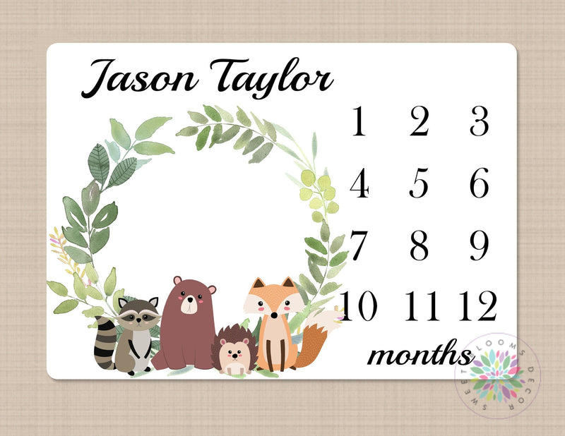 Woodland Milestone Blanket Monthly Growth Tracker Baby Blanket Forest Trees Fox Bear Raccoon Blanket Baby Bedding Shower Gift Monogram B622