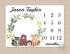 Woodland Milestone Blanket Monthly Growth Tracker Baby Blanket Forest Trees Fox Bear Raccoon Blanket Baby Bedding Shower Gift Monogram B622