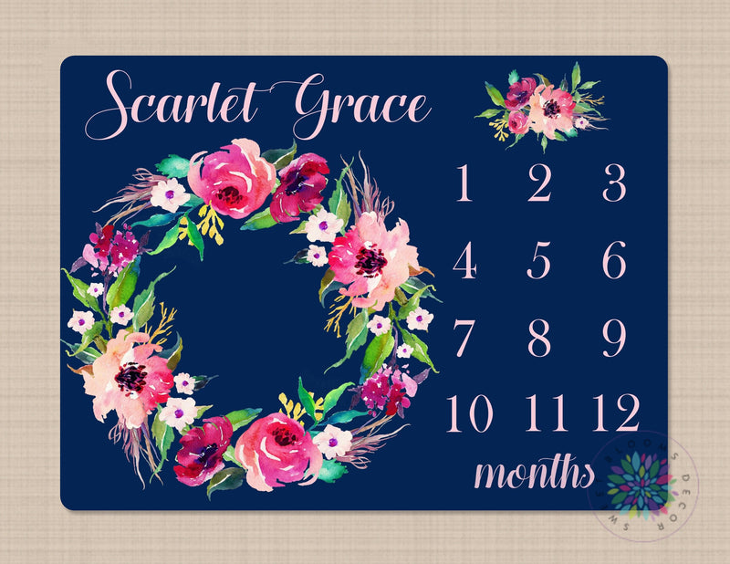 Floral Milestone Blanket Personalized Pink Navy Blue Watercolor Flowers Wreath Monthly Growth Photo Newborn Baby Girl Name Shower Gift B628