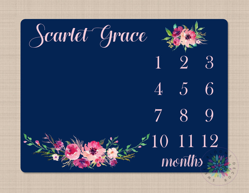 Floral Milestone Blanket Personalized Pink Navy Blue Watercolor Flowers Wreath Monthly Growth Photo Newborn Baby Girl Name Shower Gift B627