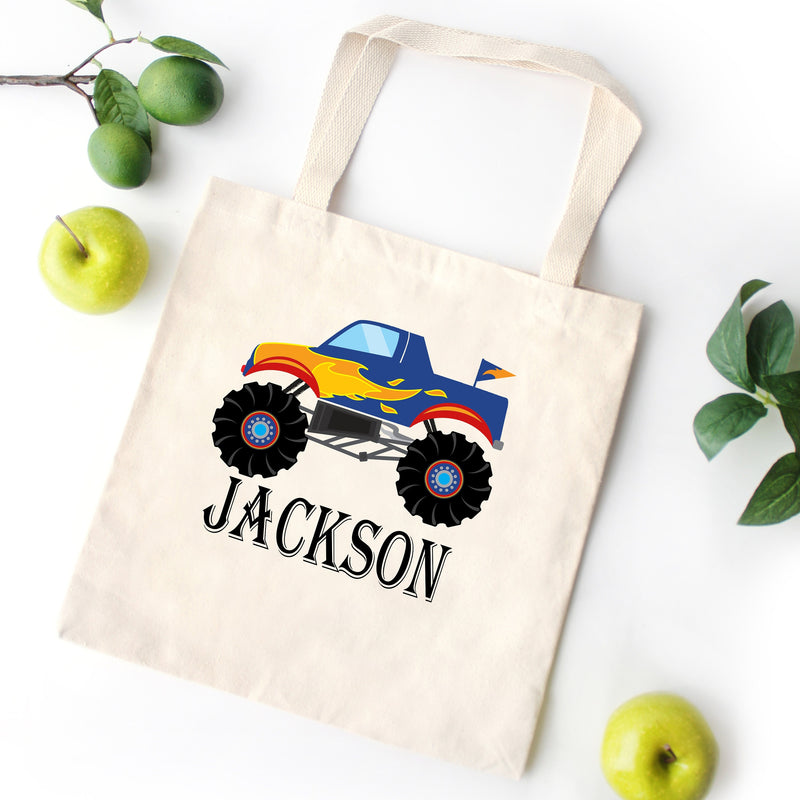 Monster Truck Tote Bag Personalized Kids Canvas School Bag Custom Preschool Daycare Toddler Beach Tote Bag Birthday Gift Library T125