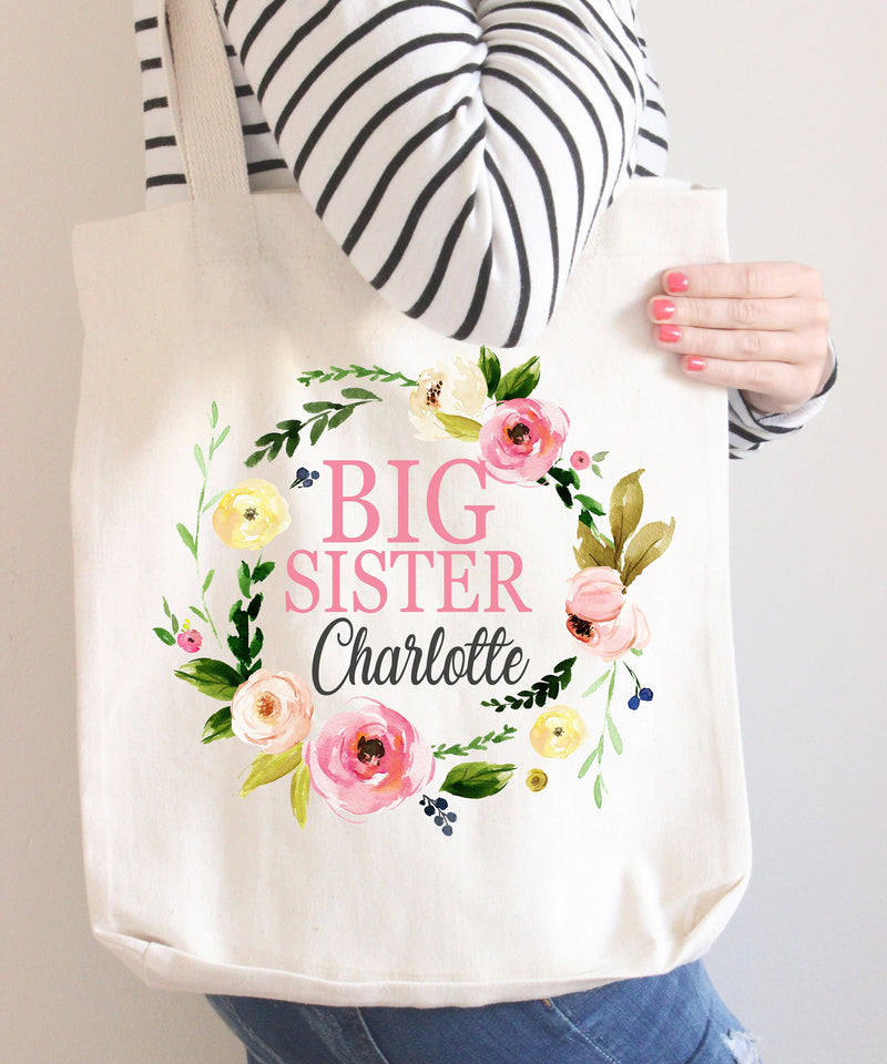 Big Sister Floral Tote Bag Personalized Name Pink Purple Flowers Canvas Wedding Bride Bridesmaid Mother of the Bride Girl Gift Wreath 134