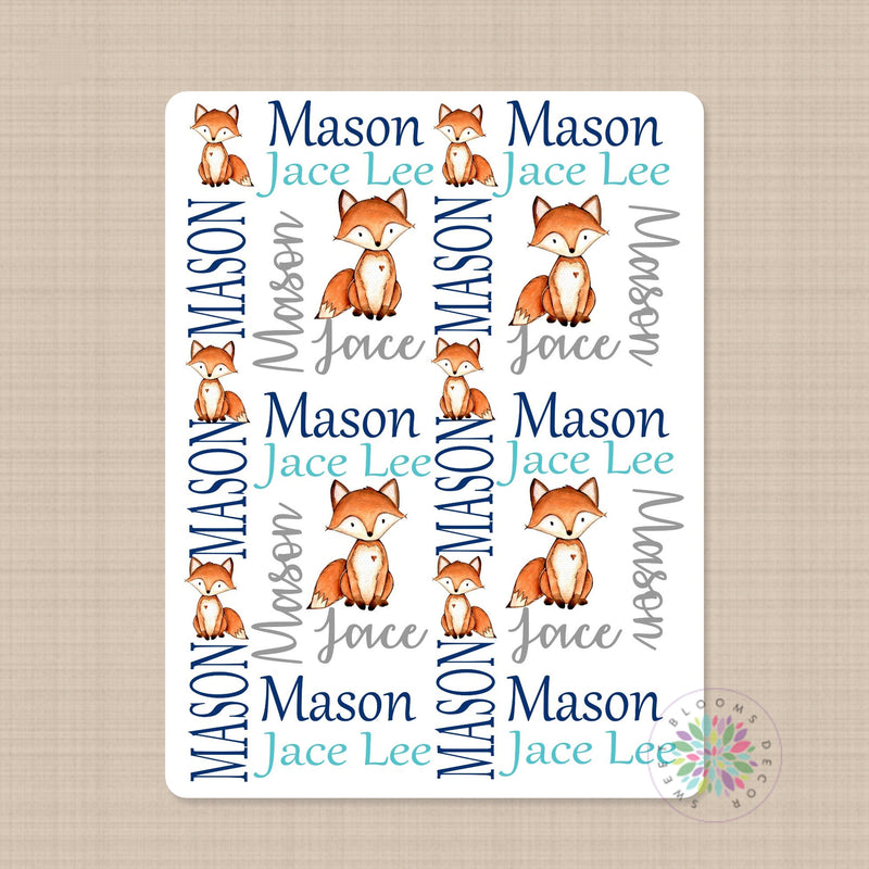 Fox Baby Name Blanket Navy Blue Teal Gray Personalized Baby Boy Blanket Monogram Name Custom Blanket Baby Shower Gift Photo Prop B631