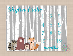 Woodland Milestone Blanket Monthly Growth Tracker Gray Teal Birch Tree Woodland Forest  Newborn Nursery Bedding Baby Boy Shower  Gift B385