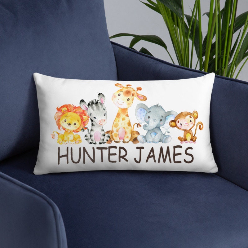 Safari Animals Pillow Nursery Decor Lion Monkey Elephant Giraffe Kids Room Decor Baby Name Throw Pillow Baby Shower Gift 12x20 P167