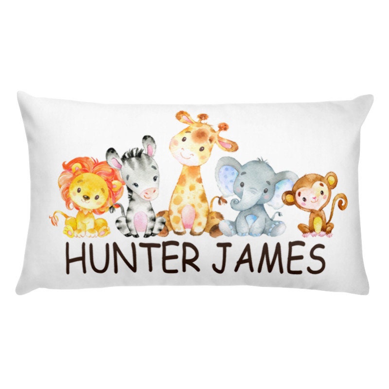 Safari Animals Pillow Nursery Decor Lion Monkey Elephant Giraffe Kids Room Decor Baby Name Throw Pillow Baby Shower Gift 12x20 P167