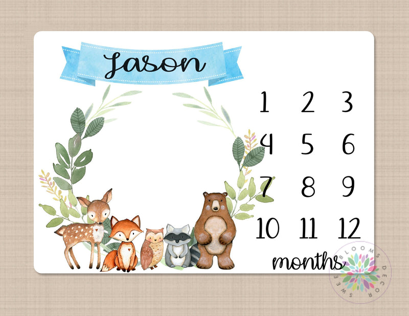 Woodland Milestone Blanket Baby Boy Girl Milestone Blanket Monthly Growth Tracker Woodland Animals Newborn Photo Prop Baby Shower Gift 638