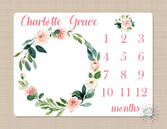 Girl Milestone Blanket Personalized Coral Pink Blush  Floral Wreath Monthly Growth Photo Prop Newborn Baby Girl Name Baby Shower Gift B668