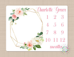 Milestone Blanket BAby Girl Personalized Coral Pink Blush  Watercolor Floral Wreath Monthly Growth Newborn Baby  Name Baby Shower Gift B672