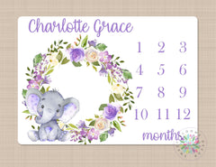 Elephant Milestone Blanket Purple Lavender Floral Wreath Girl Monthly Growth Tracker Newborn Girl Name Blanket Flowers Baby Shower Gift B643