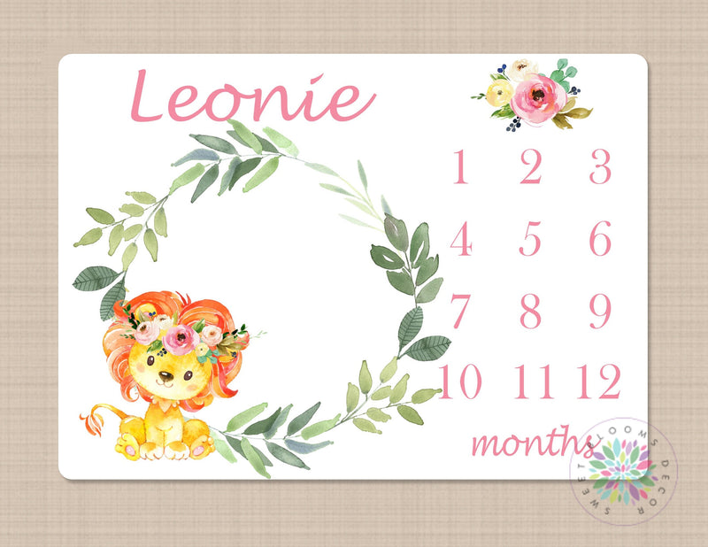 Lion Milestone Blanket Baby Girl Floral Pink Personalized Blanket Monthly Growth Tracker Animals Newborn Photo Prop Baby Shower Gift 655