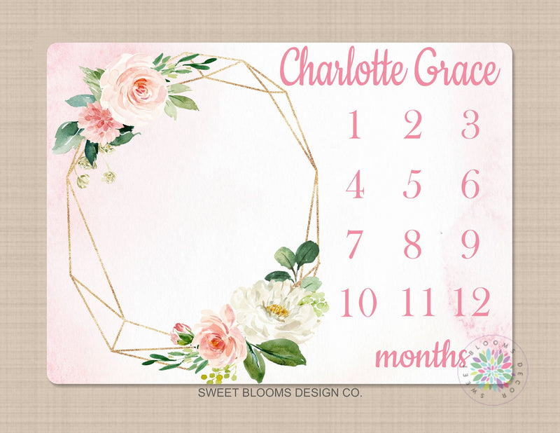 Milestone Blanket Baby Girl Floral Wreath Coral Pink Blush Floral Personalized Newborn Baby Watercolor Roses Flowers Baby Shower Gift B694