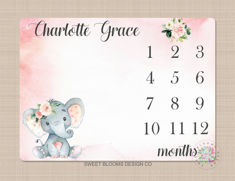 Elephant Milestone Blanket Girl Coral Pink Blush Floral Personalized Monthly Newborn Baby Girl Watercolor  Flowers Baby Shower Gift B690