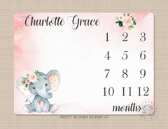 Elephant Milestone Blanket Girl Coral Pink Blush Floral Personalized Monthly Newborn Baby Girl Watercolor  Flowers Baby Shower Gift B690