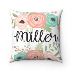 Floral Throw Pillow Coral Mint Green Teal Gray Flowers Pillow Monogram Nursery Girl Room Decor Bedding Baby Shower Gift Home Decor P164