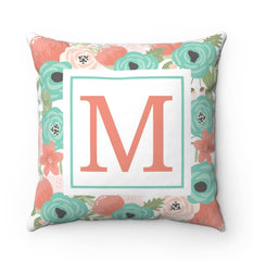 Floral Throw Pillow Coral Mint Green Teal Gray Flowers Pillow Monogram Nursery Girl Room Decor Bedding Baby Shower Gift Home Decor P162