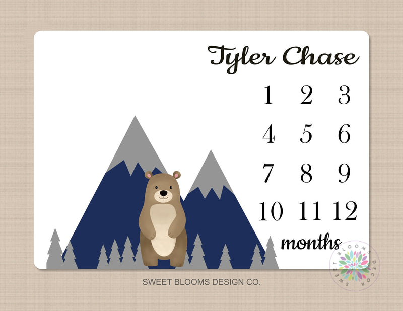 Milestone Blanket Woodland Mountains  Bear Navy Blue Gray Monthly Growth Tracker Baby BoyForest Trees Bedding Baby Shower Gift  B701