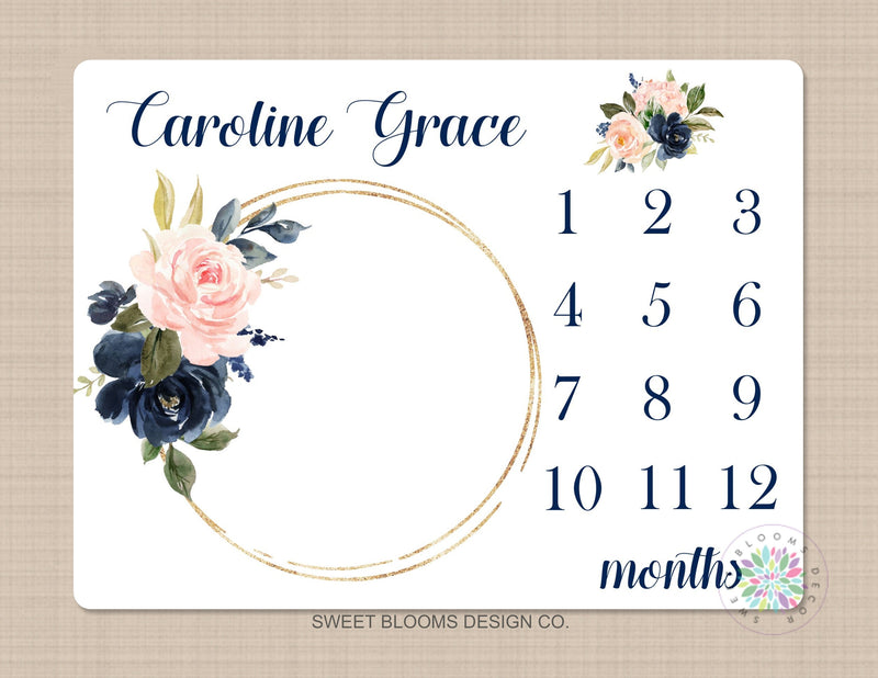 Girl Milestone Blanket Floral Wreath Navy Blue Coral Pink Blush Floral Personalized Newborn Baby Girl Modern Watercolor Roses Flowers B712